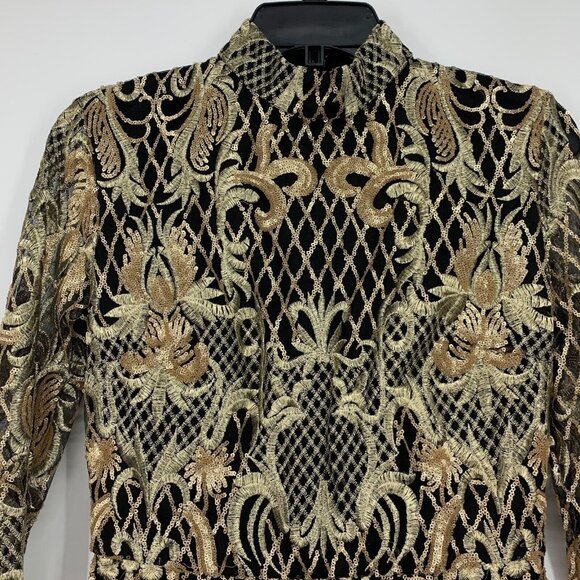 Akira Dress Black Gold Embroidered Sequin Long Sleeve Mock Neck - Picture 3 of 13